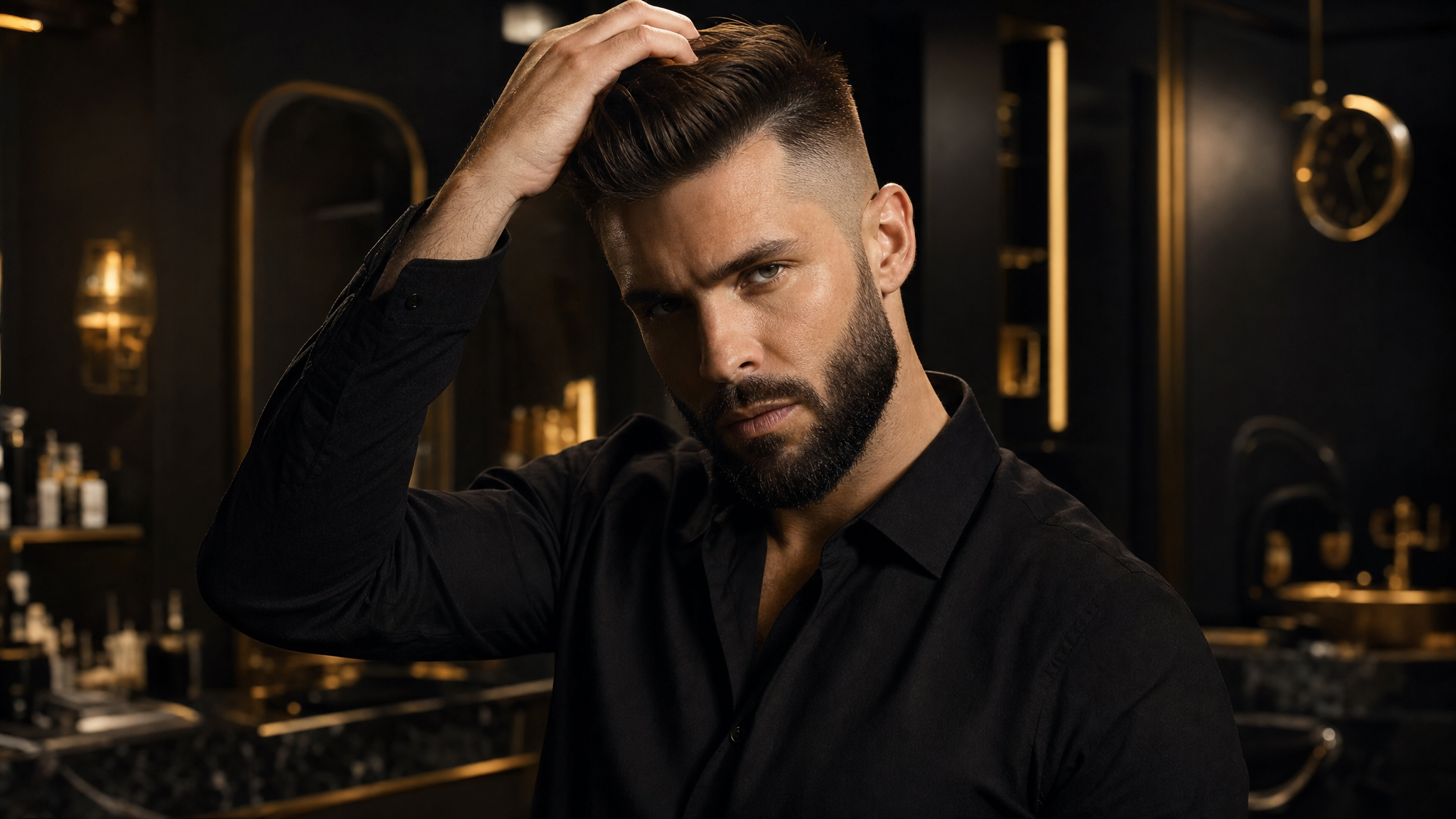 Man styling his hair with Barber Boss products